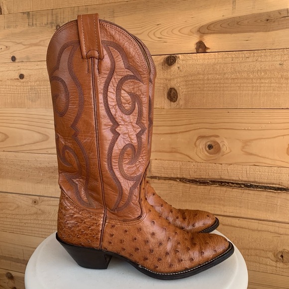 Nocona Chestnut Mens Cowboy Boots 6.5B Full Quill Ostrich Leather Western Stitch - Picture 2 of 10